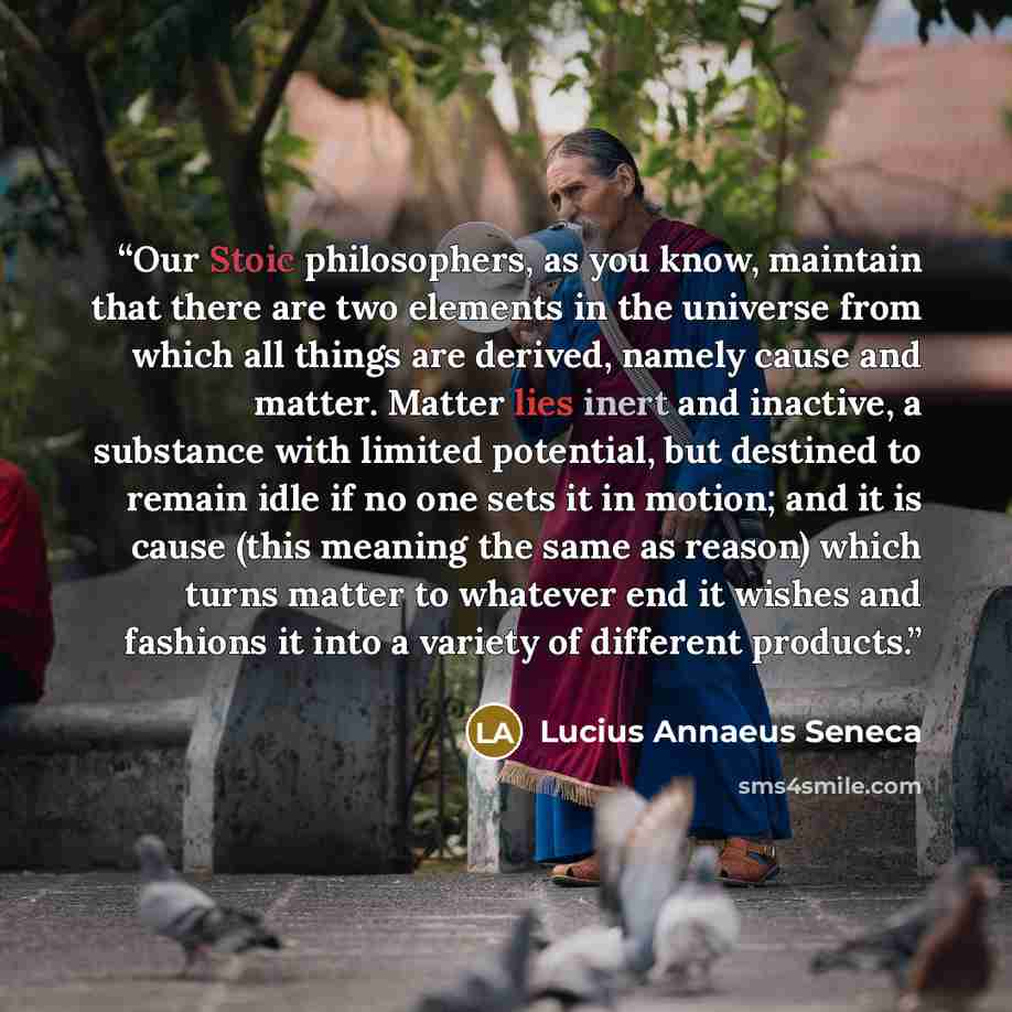 “Our Stoic philosophers, as you know, maintain that there are two elements in the universe from which all things are derived, namely cause and matter. Matter lies inert and inactive, a substance with limited potential, but destined to remain idle if no one sets it in motion; and it is cause (this…” quote by Lucius Annaeus Seneca
