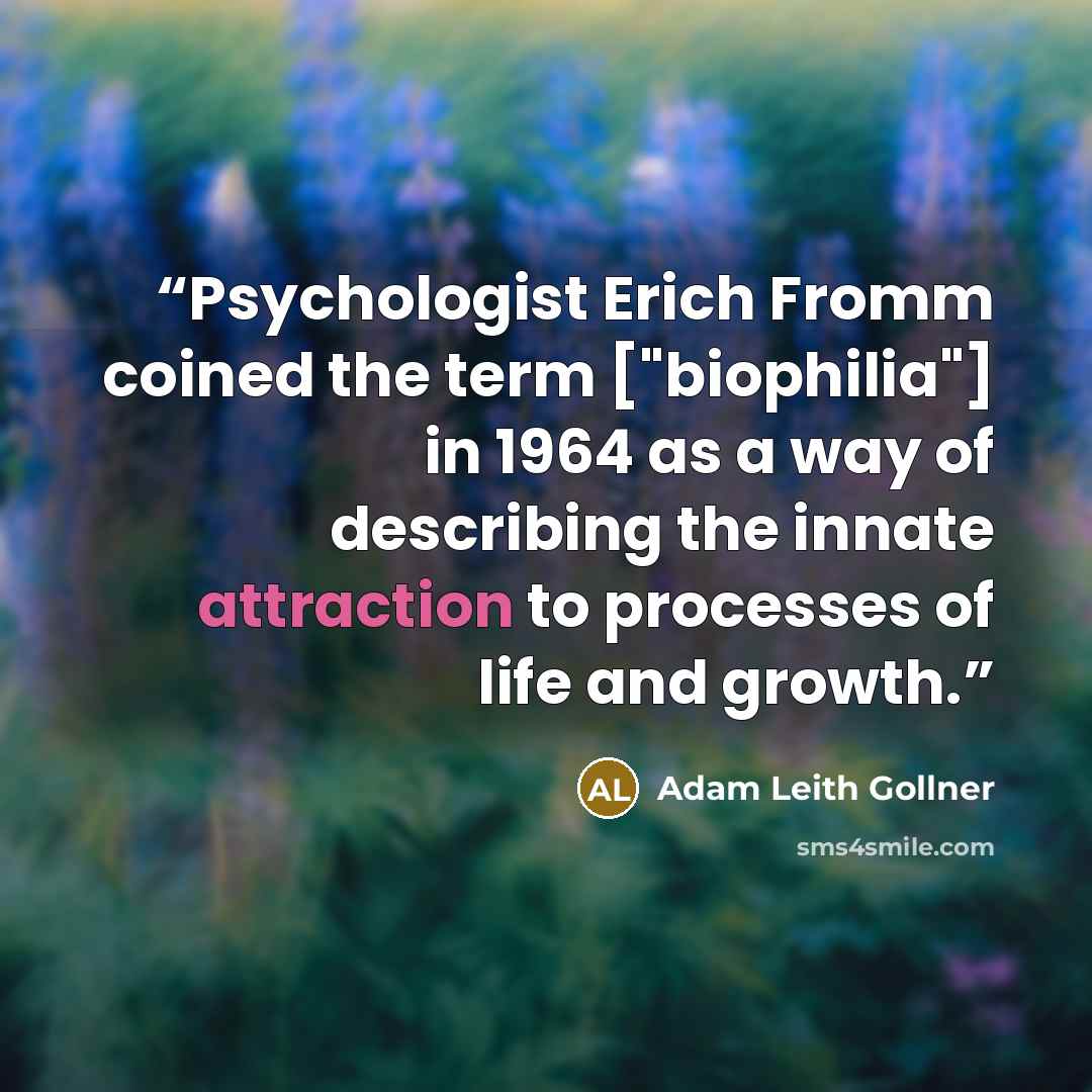 “Psychologist Erich Fromm coined the term ["biophilia"] in 1964 as a way of describing the innate attraction to processes of life and growth.” quote by Adam Leith Gollner