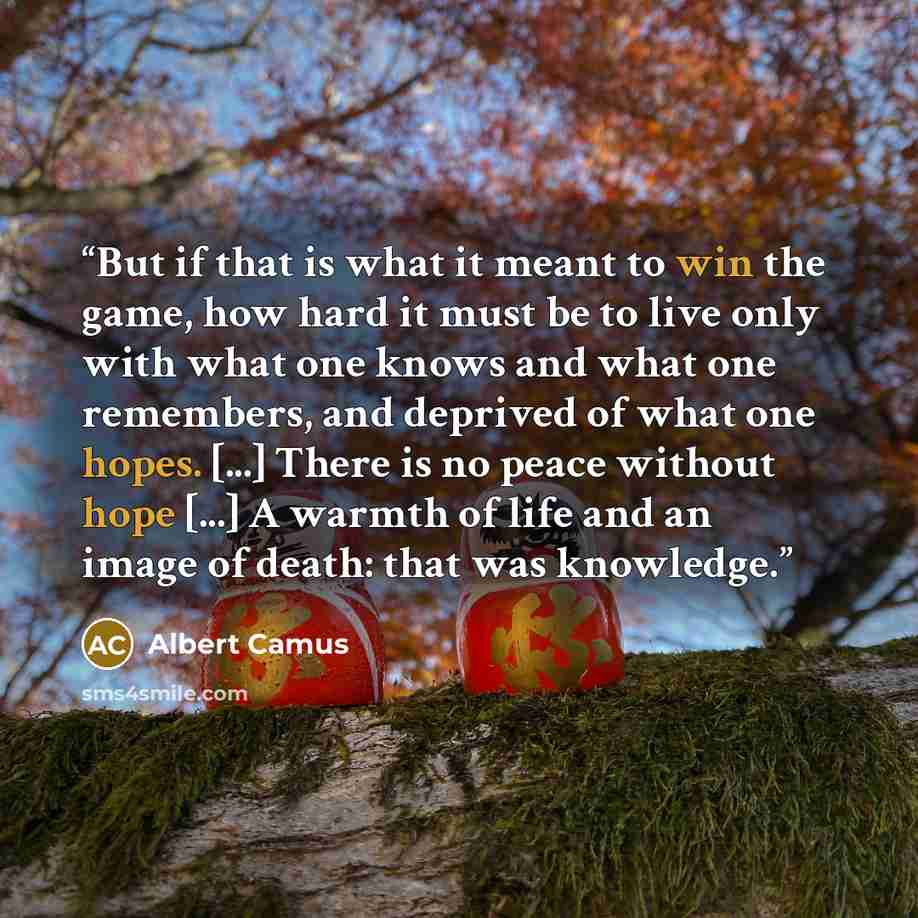 “But if that is what it meant to win the game, how hard it must be to live only with what one knows and what one remembers, and deprived of what one hopes. [...] There is no peace without hope [...] A warmth of life and an image of death: that was knowledge.” quote by Albert Camus