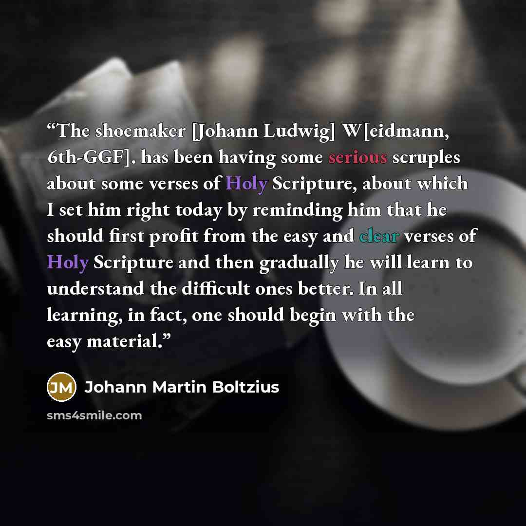 “The shoemaker [Johann Ludwig] W[eidmann, 6th-GGF]. has been having some serious scruples about some verses of Holy Scripture, about which I set him right today by reminding him that he should first profit from the easy and clear verses of Holy Scripture and then gradually he will learn to…” quote by Johann Martin Boltzius