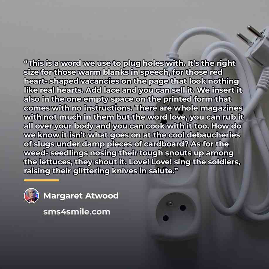 “This is a word we use to plug holes with. It’s the right size for those warm blanks in speech, for those red heart- shaped vacancies on the page that look nothing like real hearts. Add lace and you can sell it. We insert it also in the one empty space on the printed form that comes with no…” quote by Margaret Atwood