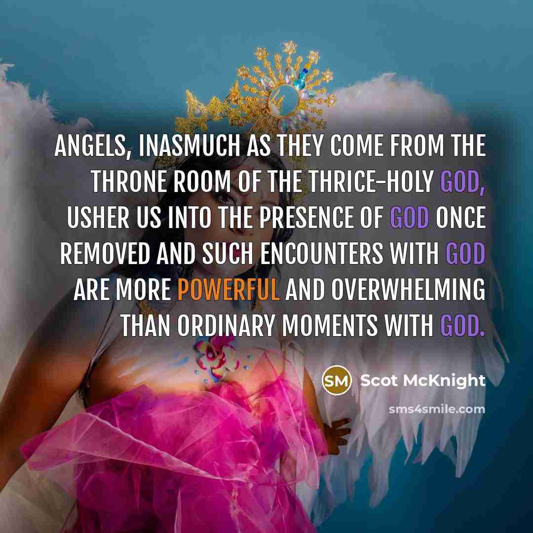 “Angels, inasmuch as they come from the Throne Room of the Thrice-holy God, usher us into the presence of God once removed and such encounters with God are more powerful and overwhelming than ordinary moments with God.” quote by Scot McKnight