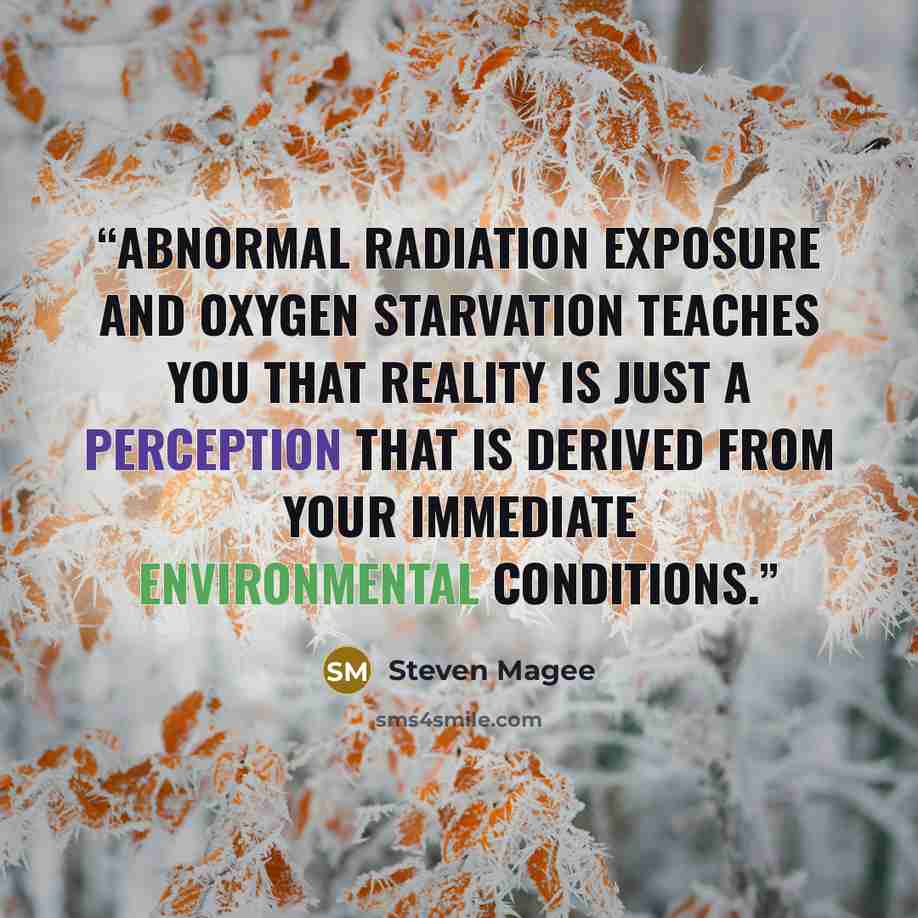 “Abnormal radiation exposure and oxygen starvation teaches you that reality is just a perception that is derived from your immediate environmental conditions.” quote by Steven Magee