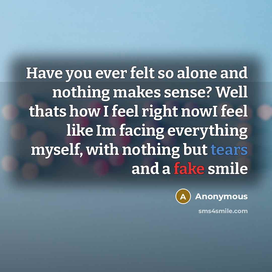 “Have you ever felt so alone and nothing makes sense? Well thats how I feel right nowI feel like Im facing everything myself, with nothing but tears and a fake smile” quote by Anonymous