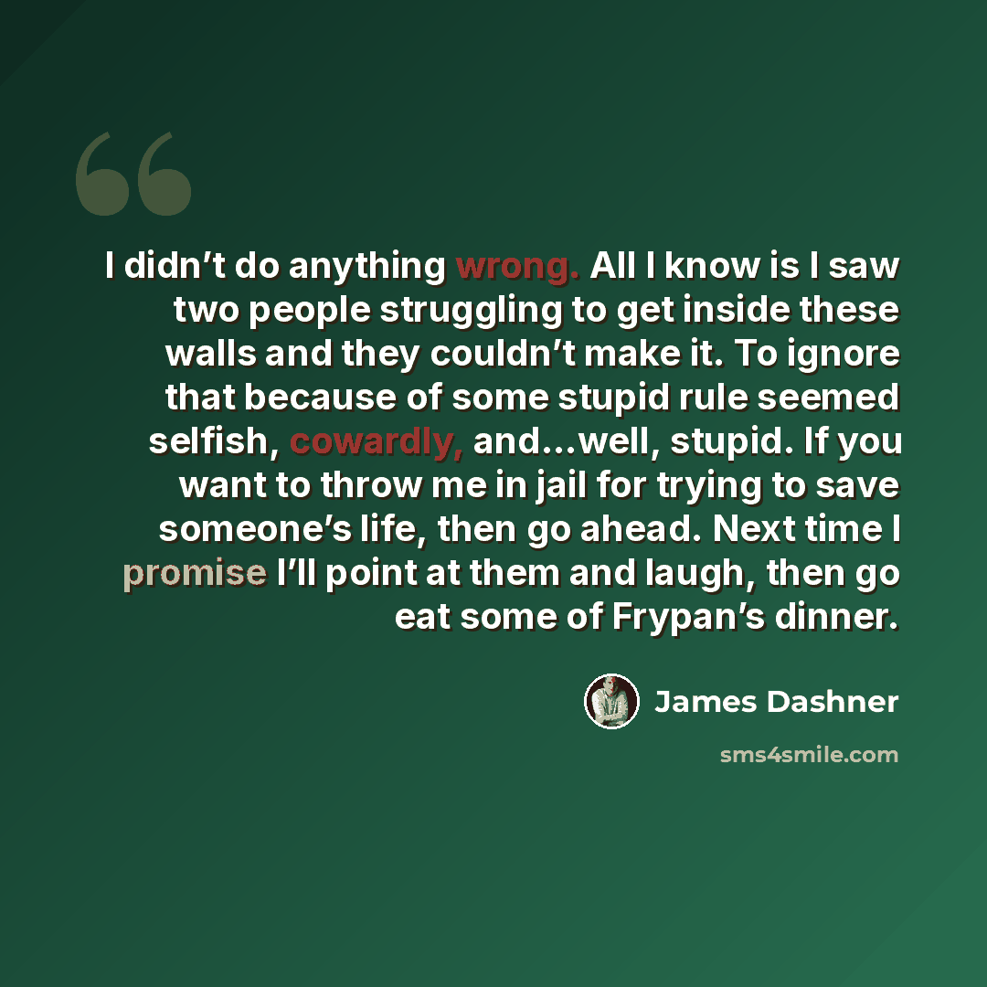 “I didn’t do anything wrong. All I know is I saw two people struggling to get inside these walls and they couldn’t make it. To ignore that because of some stupid rule seemed selfish, cowardly, and…well, stupid. If you want to throw me in jail for trying to save someone’s life, then go ahead. Next…” quote by James Dashner