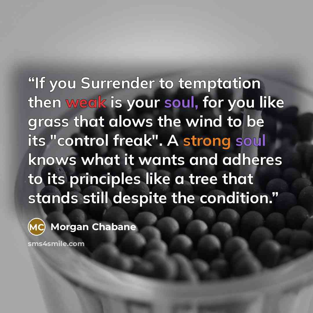 “If you Surrender to temptation then weak is your soul, for you like grass that alows the wind to be its "control freak". A strong soul knows what it wants and adheres to its principles like a tree that stands still despite the condition.” quote by Morgan Chabane
