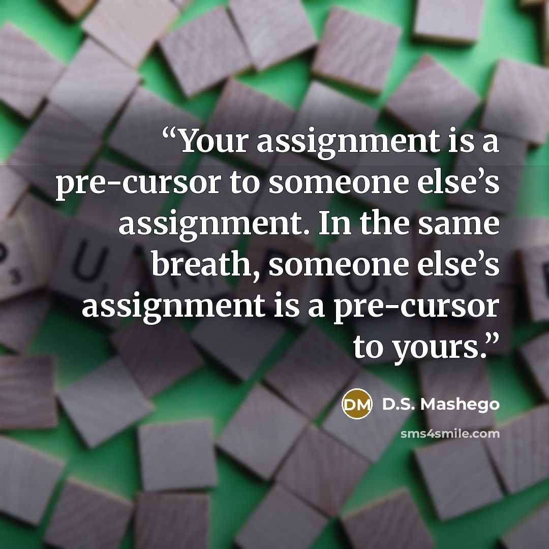 “Your assignment is a pre-cursor to someone else’s assignment. In the same breath, someone else’s assignment is a pre-cursor to yours.” quote by D.S. Mashego