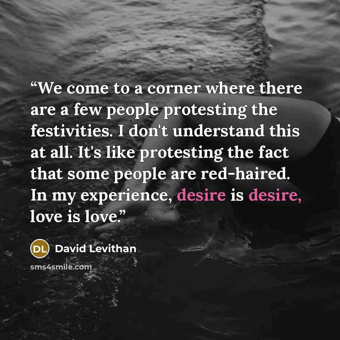 “We come to a corner where there are a few people protesting the festivities. I don't understand this at all. It's like protesting the fact that some people are red-haired. In my experience, desire is desire, love is love.” quote by David Levithan