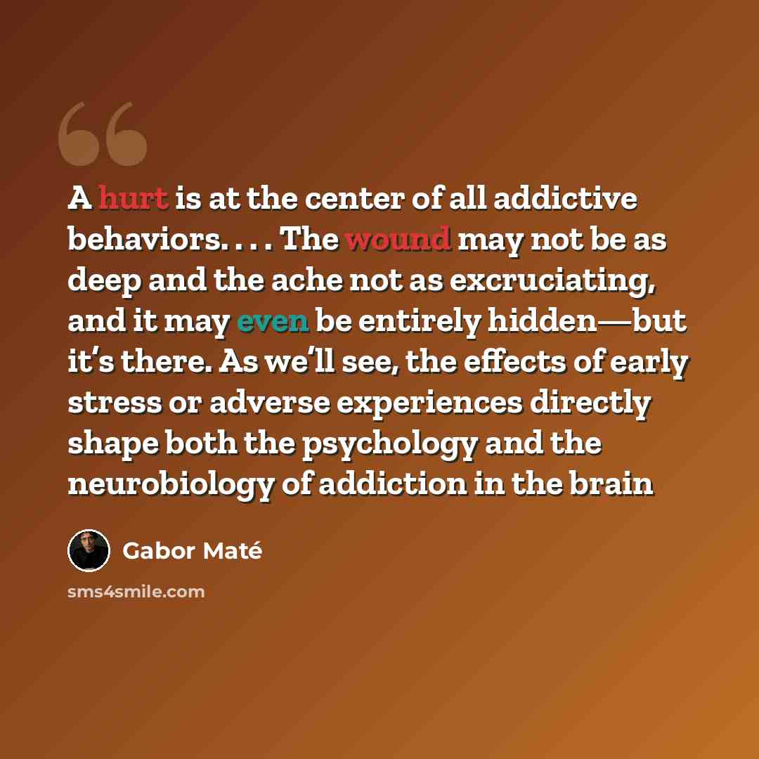 “A hurt is at the center of all addictive behaviors. . . . The wound may not be as deep and the ache not as excruciating, and it may even be entirely hidden—but it’s there. As we’ll see, the effects of early stress or adverse experiences directly shape both the psychology and the neurobiology of…” quote by Gabor Mate