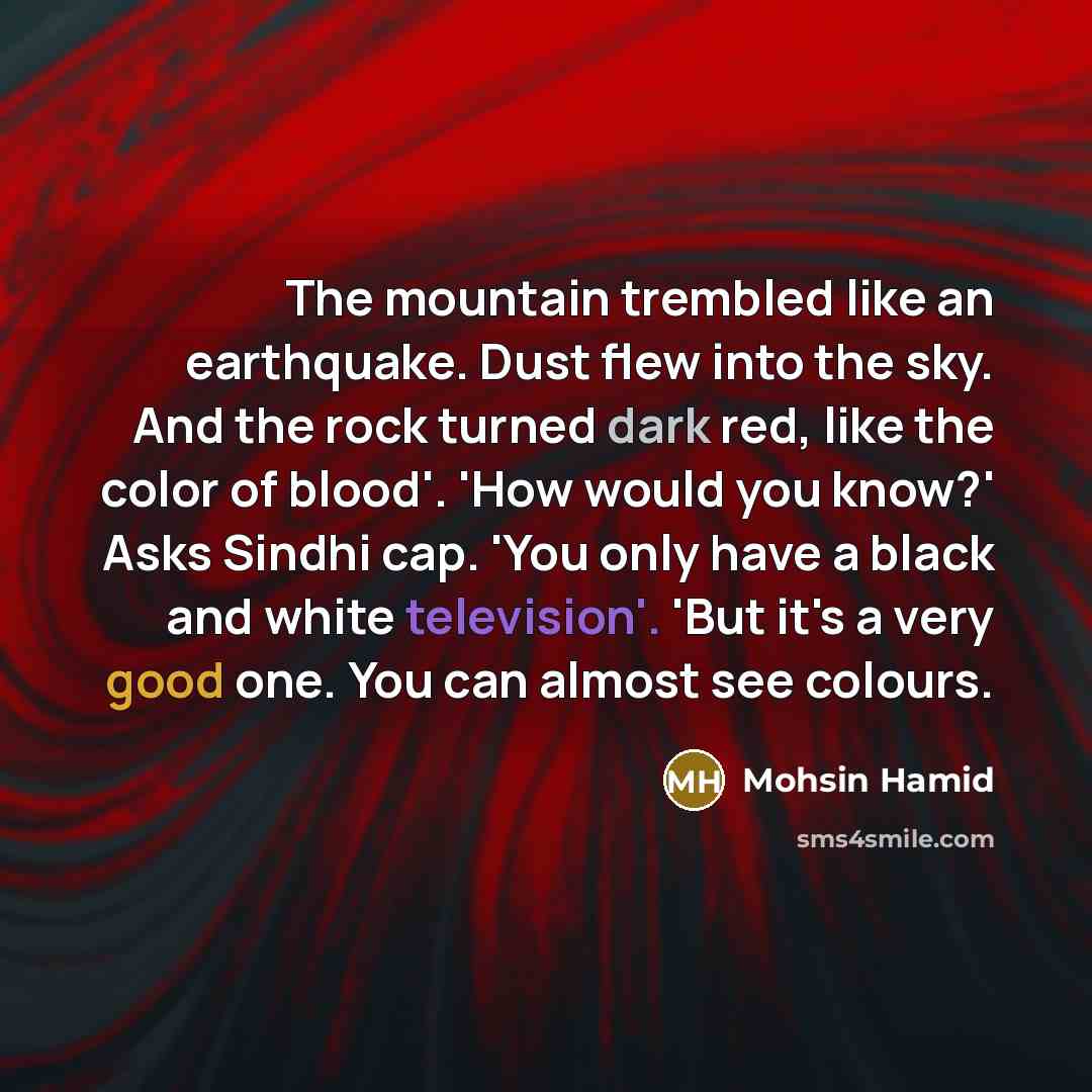 “The mountain trembled like an earthquake. Dust flew into the sky. And the rock turned dark red, like the color of blood'. 'How would you know?' Asks Sindhi cap. 'You only have a black and white television'. 'But it's a very good one. You can almost see colours.” quote by Mohsin Hamid