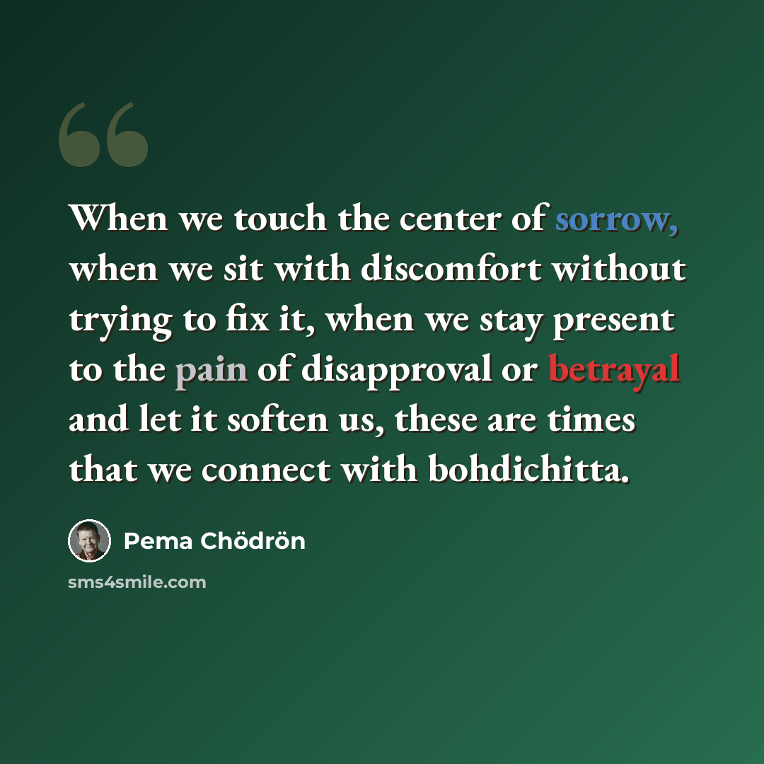 “When we touch the center of sorrow, when we sit with discomfort without trying to fix it, when we stay present to the pain of disapproval or betrayal and let it soften us, these are times that we connect with bohdichitta.” quote by Pema Chodron