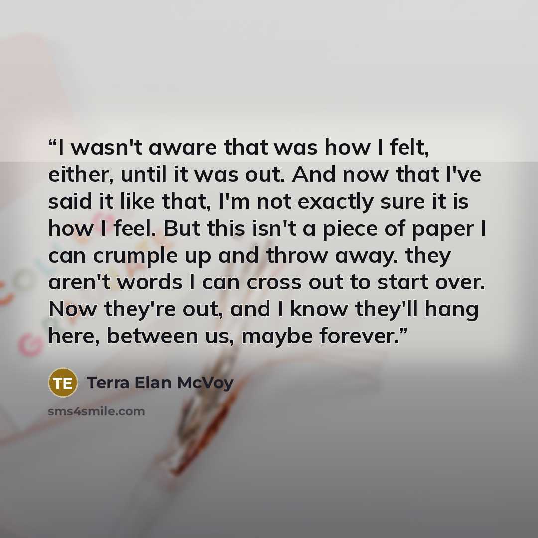 “I wasn't aware that was how I felt, either, until it was out. And now that I've said it like that, I'm not exactly sure it is how I feel. But this isn't a piece of paper I can crumple up and throw away. they aren't words I can cross out to start over. Now they're out, and I know they'll hang here…” quote by Terra Elan McVoy