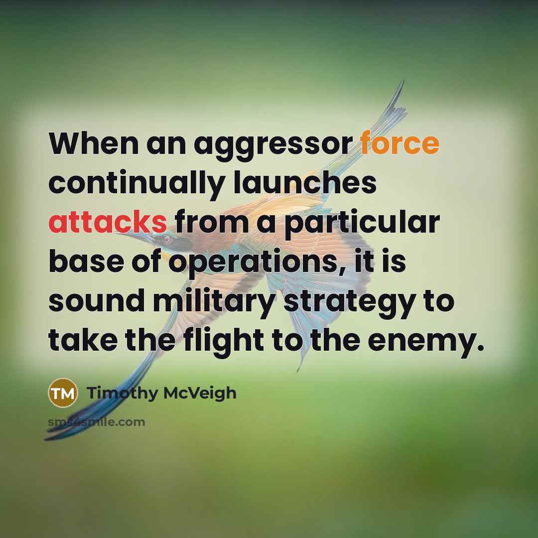 “When an aggressor force continually launches attacks from a particular base of operations, it is sound military strategy to take the flight to the enemy.” quote by Timothy McVeigh