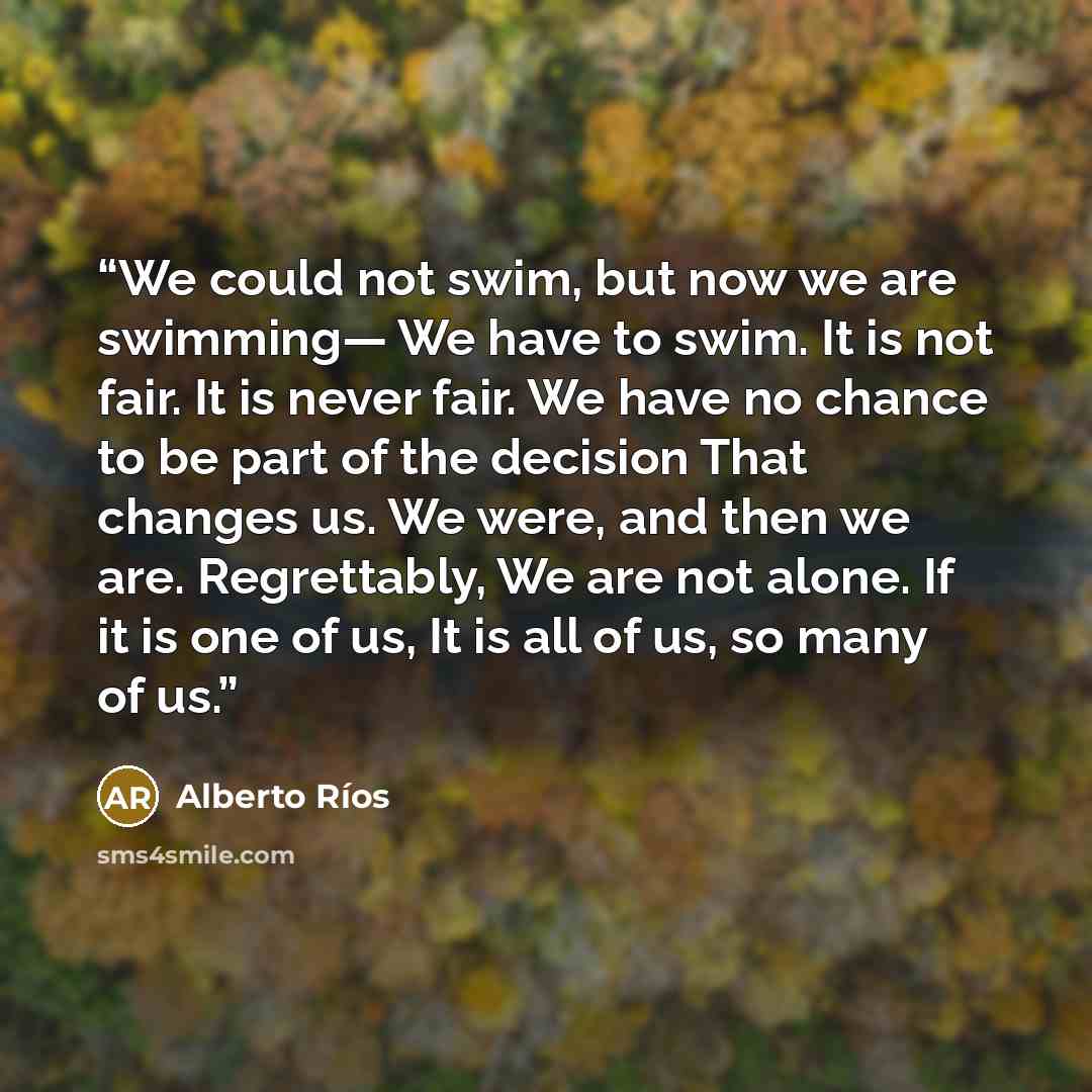 “We could not swim, but now we are swimming— We have to swim. It is not fair. It is never fair. We have no chance to be part of the decision That changes us. We were, and then we are. Regrettably, We are not alone. If it is one of us, It is all of us, so many of us.” quote by Alberto Ríos
