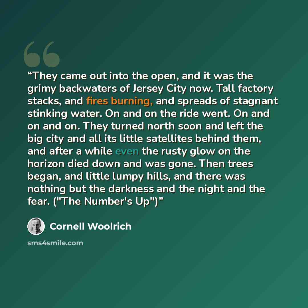 “They came out into the open, and it was the grimy backwaters of Jersey City now. Tall factory stacks, and fires burning, and spreads of stagnant stinking water. On and on the ride went. On and on and on. They turned north soon and left the big city and all its little satellites behind them, and…” quote by Cornell Woolrich