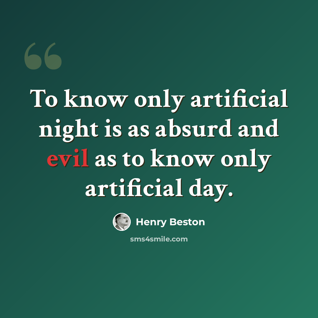 “To know only artificial night is as absurd and evil as to know only artificial day.” quote by Henry Beston