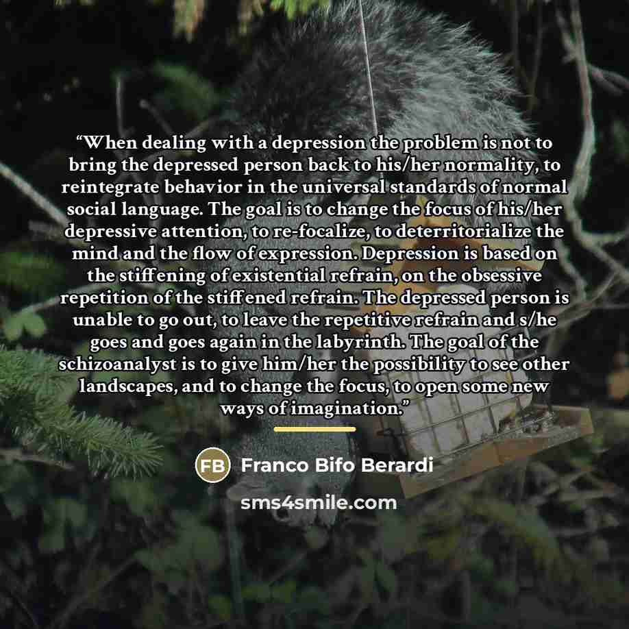 “When dealing with a depression the problem is not to bring the depressed person back to his/her normality, to reintegrate behavior in the universal standards of normal social language. The goal is to change the focus of his/her depressive attention, to re-focalize, to deterritorialize the mind and…” quote by Franco Bifo Berardi