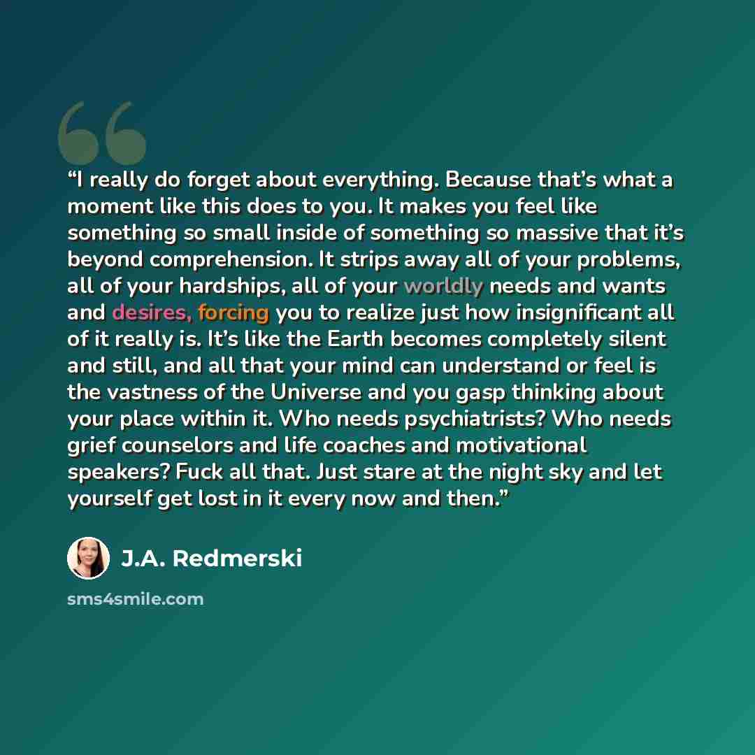 “I really do forget about everything. Because that’s what a moment like this does to you. It makes you feel like something so small inside of something so massive that it’s beyond comprehension. It strips away all of your problems, all of your hardships, all of your worldly needs and wants and…” quote by J.A. Redmerski