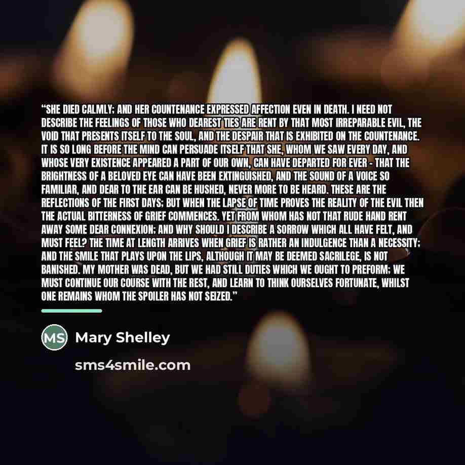 “She died calmly; and her countenance expressed affection even in death. I need not describe the feelings of those who dearest ties are rent by that most irreparable evil, the void that presents itself to the soul, and the despair that is exhibited on the countenance. It is so long before the mind…” quote by Mary Shelley
