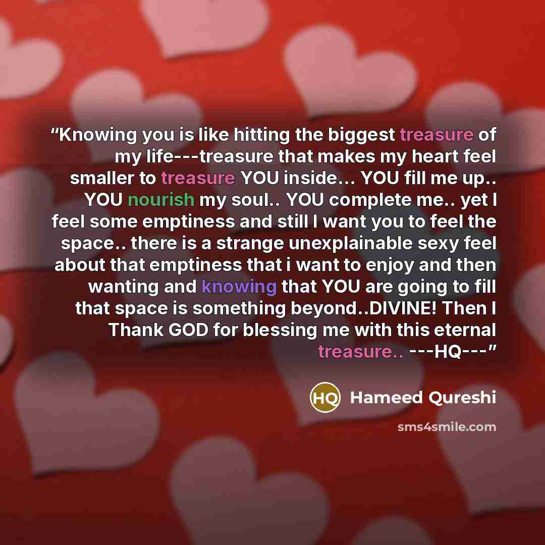 “Knowing you is like hitting the biggest treasure of my life---treasure that makes my heart feel smaller to treasure YOU inside... YOU fill me up.. YOU nourish my soul.. YOU complete me.. yet I feel some emptiness and still I want you to feel the space.. there is a strange unexplainable sexy feel…” quote by Hameed Qureshi