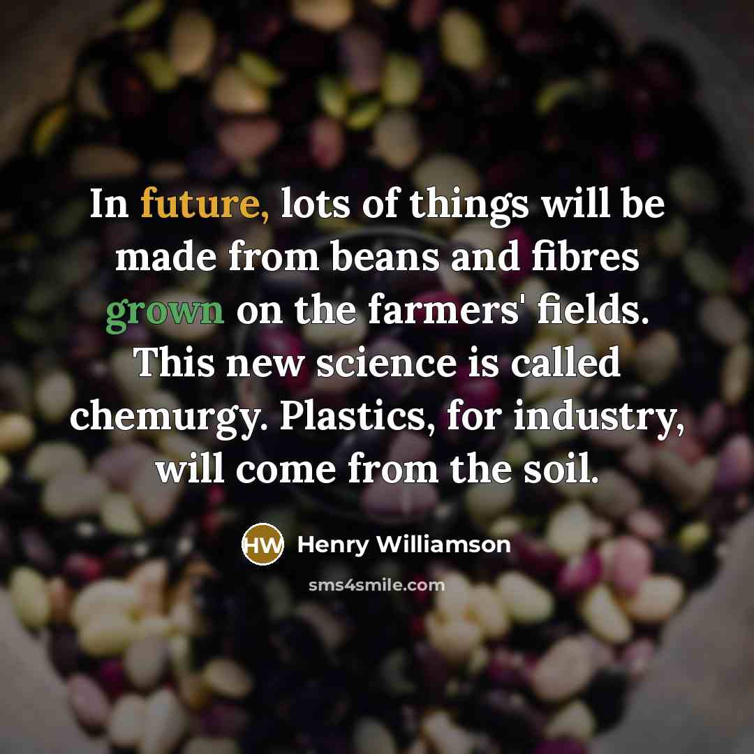 “In future, lots of things will be made from beans and fibres grown on the farmers' fields. This new science is called chemurgy. Plastics, for industry, will come from the soil.” quote by Henry Williamson