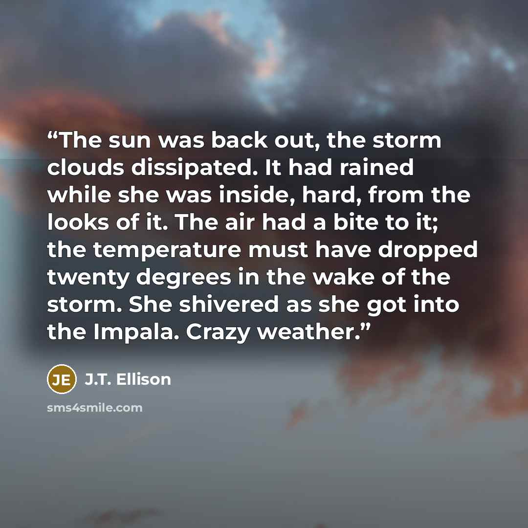 “The sun was back out, the storm clouds dissipated. It had rained while she was inside, hard, from the looks of it. The air had a bite to it; the temperature must have dropped twenty degrees in the wake of the storm. She shivered as she got into the Impala. Crazy weather.” quote by J.T. Ellison