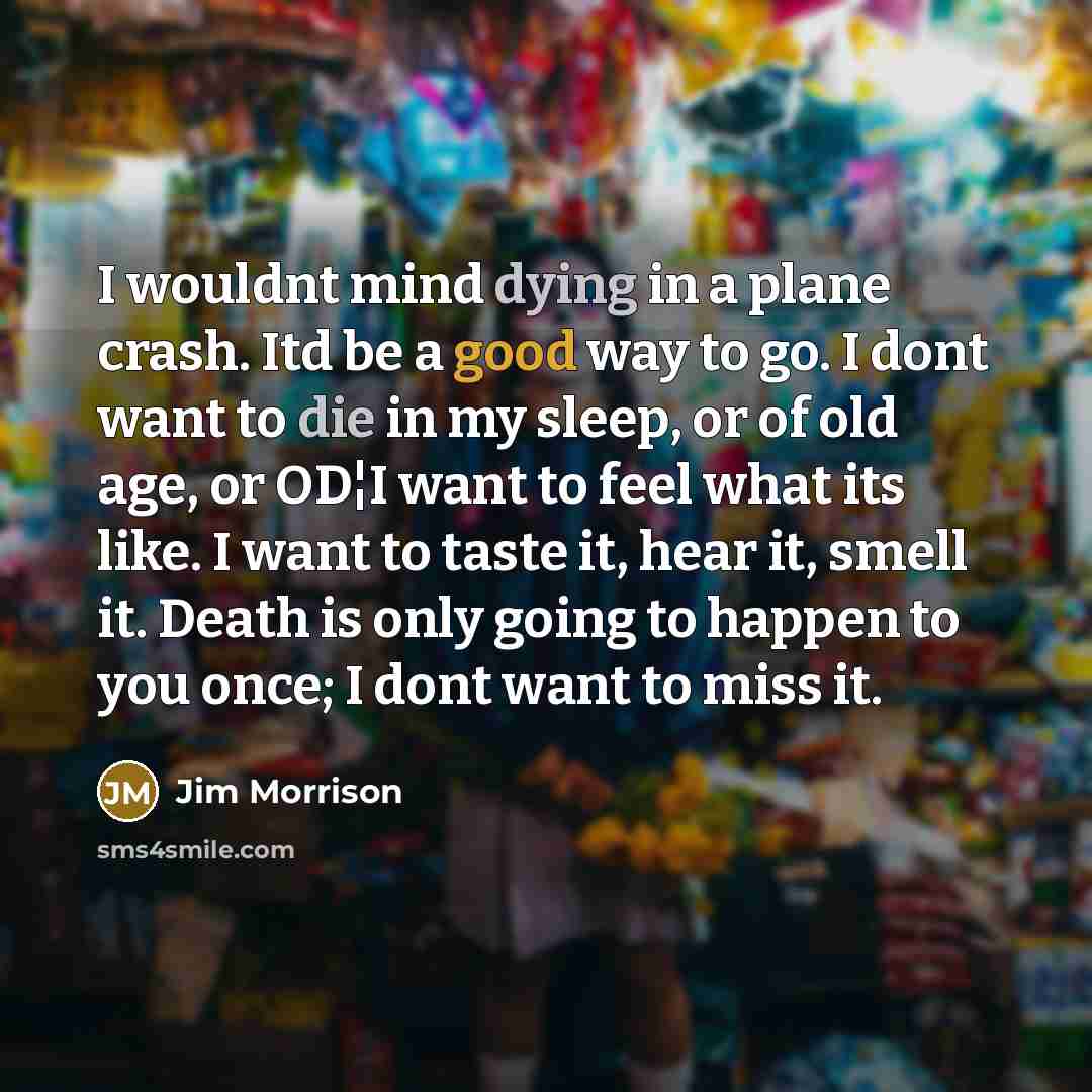 “I wouldnt mind dying in a plane crash. Itd be a good way to go. I dont want to die in my sleep, or of old age, or OD¦I want to feel what its like. I want to taste it, hear it, smell it. Death is only going to happen to you once; I dont want to miss it.” quote by Jim Morrison