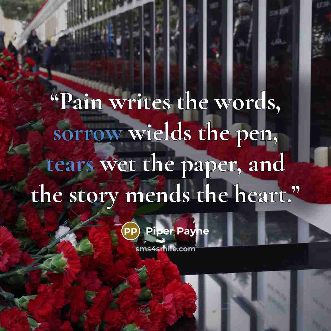 “Pain writes the words, sorrow wields the pen, tears wet the paper, and the story mends the heart.” quote by Piper Payne