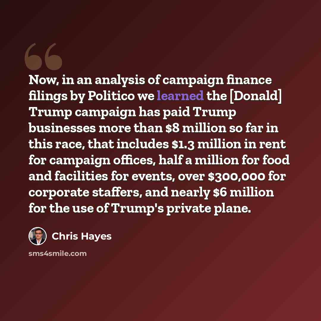 “Now, in an analysis of campaign finance filings by Politico we learned the [Donald] Trump campaign has paid Trump businesses more than $8 million so far in this race, that includes $1.3 million in rent for campaign offices, half a million for food and facilities for events, over $300,000 for…” quote by Chris Hayes