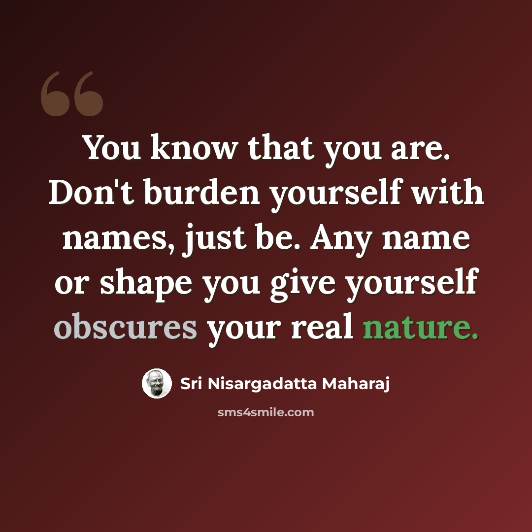 “You know that you are. Don't burden yourself with names, just be. Any name or shape you give yourself obscures your real nature.” quote by Sri Nisargadatta Maharaj