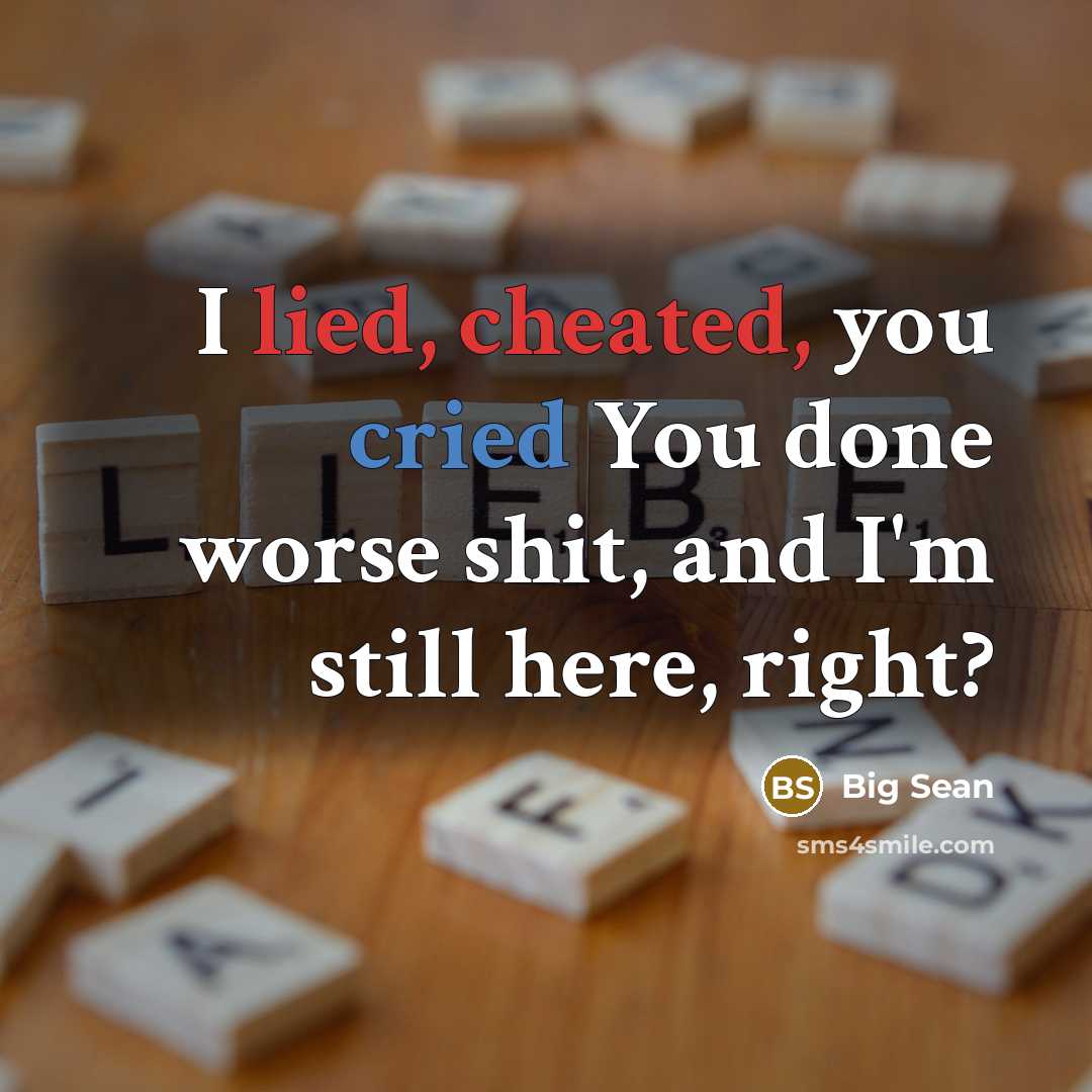 “I lied, cheated, you cried You done worse shit, and I'm still here, right?” quote by Big Sean