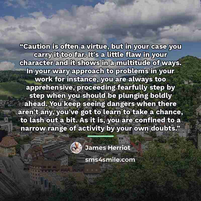 “Caution is often a virtue, but in your case you carry it too far. It's a little flaw in your character and it shows in a multitude of ways. In your wary approach to problems in your work for instance, you are always too apprehensive, proceeding fearfully step by step when you should be plunging…” quote by James Herriot