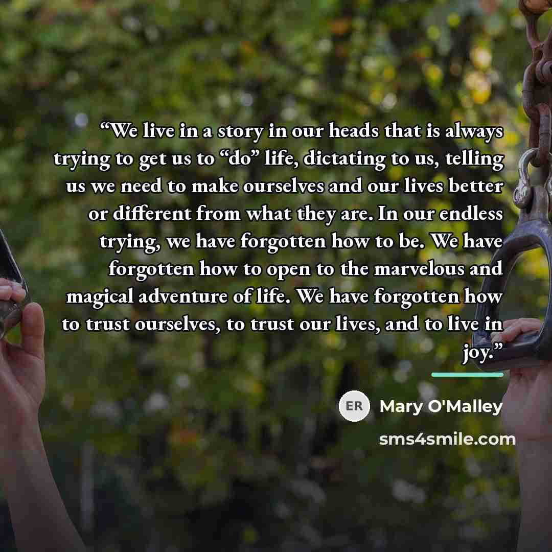 “We live in a story in our heads that is always trying to get us to “do” life, dictating to us, telling us we need to make ourselves and our lives better or different from what they are. In our endless trying, we have forgotten how to be. We have forgotten how to open to the marvelous and magical…” quote by Mary O'Malley