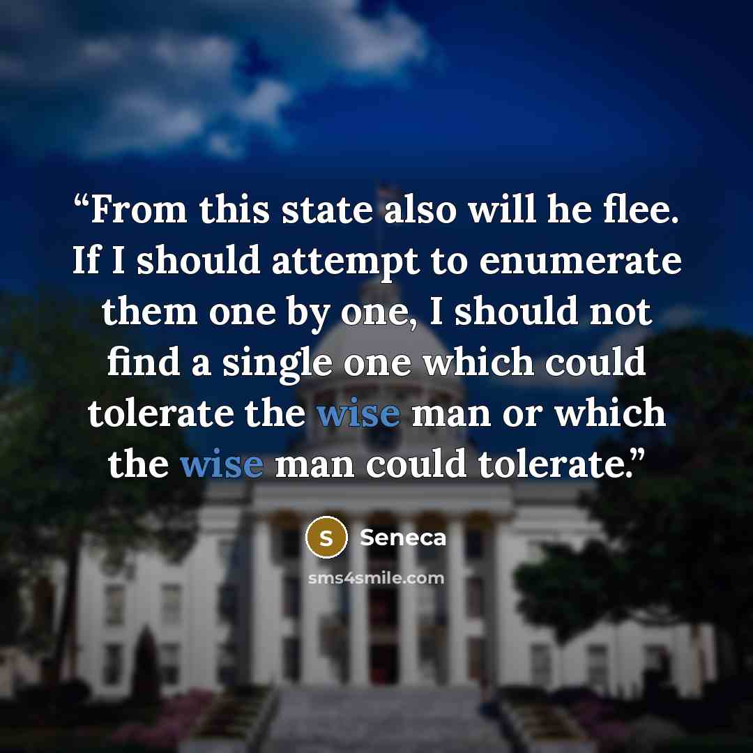 “From this state also will he flee. If I should attempt to enumerate them one by one, I should not find a single one which could tolerate the wise man or which the wise man could tolerate.” quote by Seneca