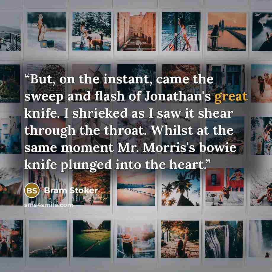 “But, on the instant, came the sweep and flash of Jonathan's great knife. I shrieked as I saw it shear through the throat. Whilst at the same moment Mr. Morris's bowie knife plunged into the heart.” quote by Bram Stoker