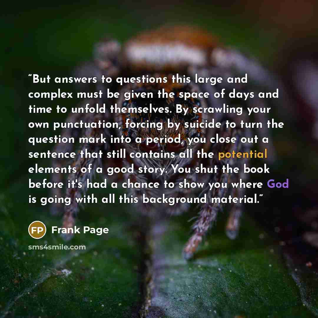 “But answers to questions this large and complex must be given the space of days and time to unfold themselves. By scrawling your own punctuation, forcing by suicide to turn the question mark into a period, you close out a sentence that still contains all the potential elements of a good story. You…” quote by Frank Page