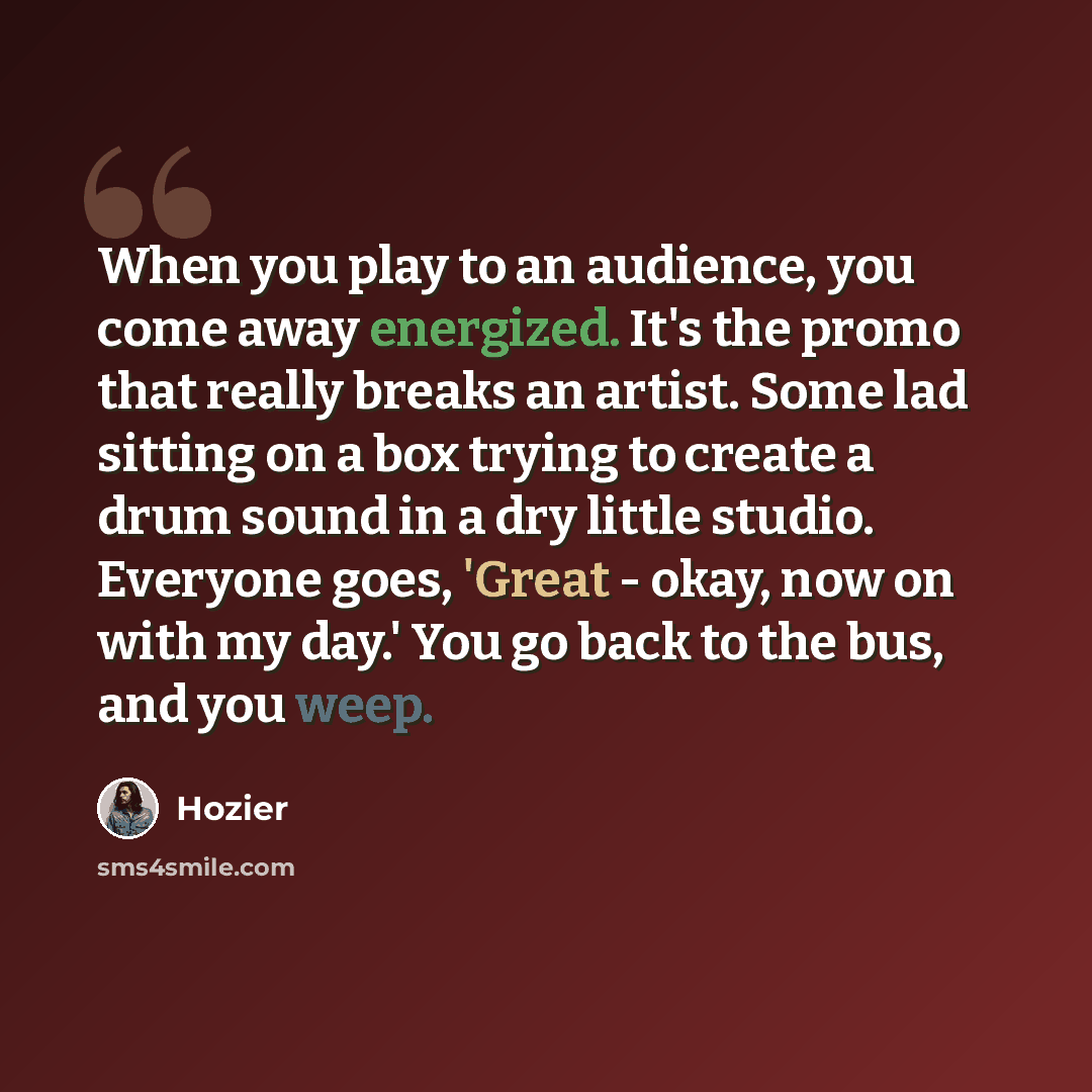 “When you play to an audience, you come away energized. It's the promo that really breaks an artist. Some lad sitting on a box trying to create a drum sound in a dry little studio. Everyone goes, 'Great - okay, now on with my day.' You go back to the bus, and you weep.” quote by Hozier