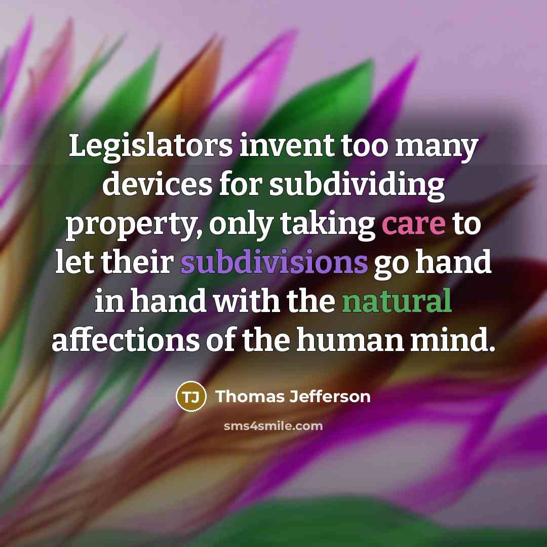 “Legislators invent too many devices for subdividing property, only taking care to let their subdivisions go hand in hand with the natural affections of the human mind.” quote by Thomas Jefferson