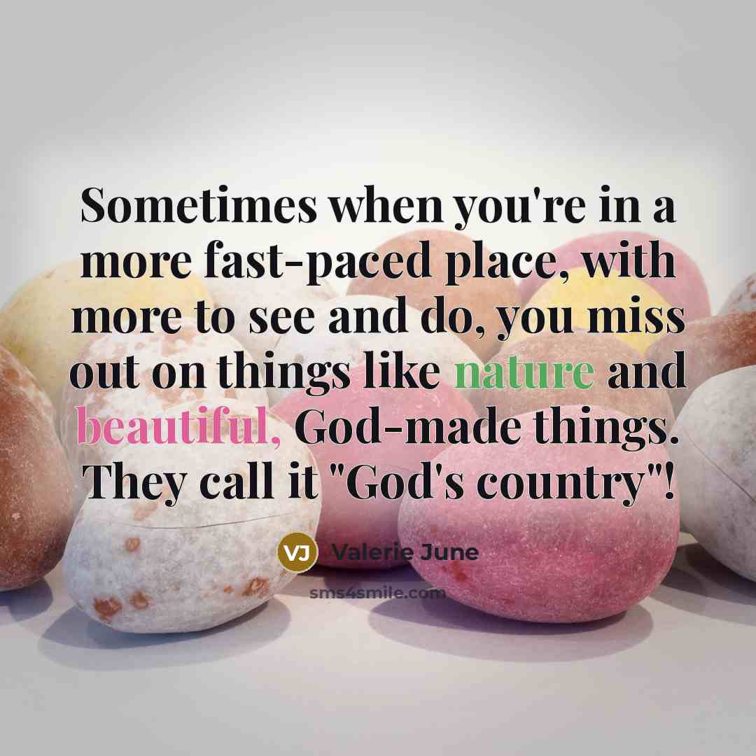 “Sometimes when you're in a more fast-paced place, with more to see and do, you miss out on things like nature and beautiful, God-made things. They call it "God's country"!” quote by Valerie June