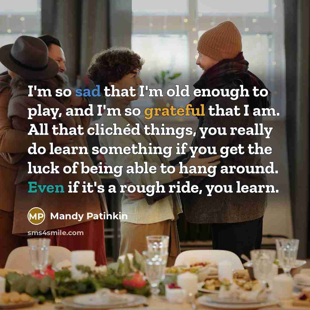 “I'm so sad that I'm old enough to play, and I'm so grateful that I am. All that clichéd things, you really do learn something if you get the luck of being able to hang around. Even if it's a rough ride, you learn.” quote by Mandy Patinkin