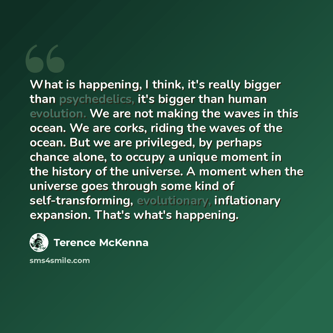“What is happening, I think, it's really bigger than psychedelics, it's bigger than human evolution. We are not making the waves in this ocean. We are corks, riding the waves of the ocean. But we are privileged, by perhaps chance alone, to occupy a unique moment in the history of the universe. A…” quote by Terence McKenna