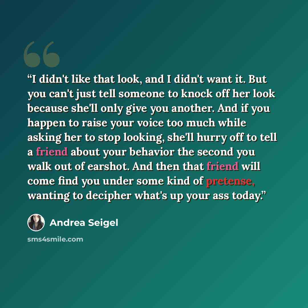 “I didn't like that look, and I didn't want it. But you can't just tell someone to knock off her look because she'll only give you another. And if you happen to raise your voice too much while asking her to stop looking, she'll hurry off to tell a friend about your behavior the second you walk out…” quote by Andrea Seigel