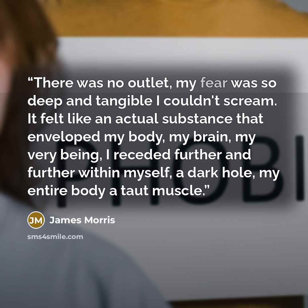 “There was no outlet, my fear was so deep and tangible I couldn't scream. It felt like an actual substance that enveloped my body, my brain, my very being, I receded further and further within myself, a dark hole, my entire body a taut muscle.” quote by James Morris