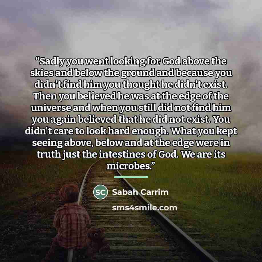 “Sadly you went looking for God above the skies and below the ground and because you didn't find him you thought he didn't exist. Then you believed he was at the edge of the universe and when you still did not find him you again believed that he did not exist. You didn't care to look hard enough…” quote by Sabah Carrim