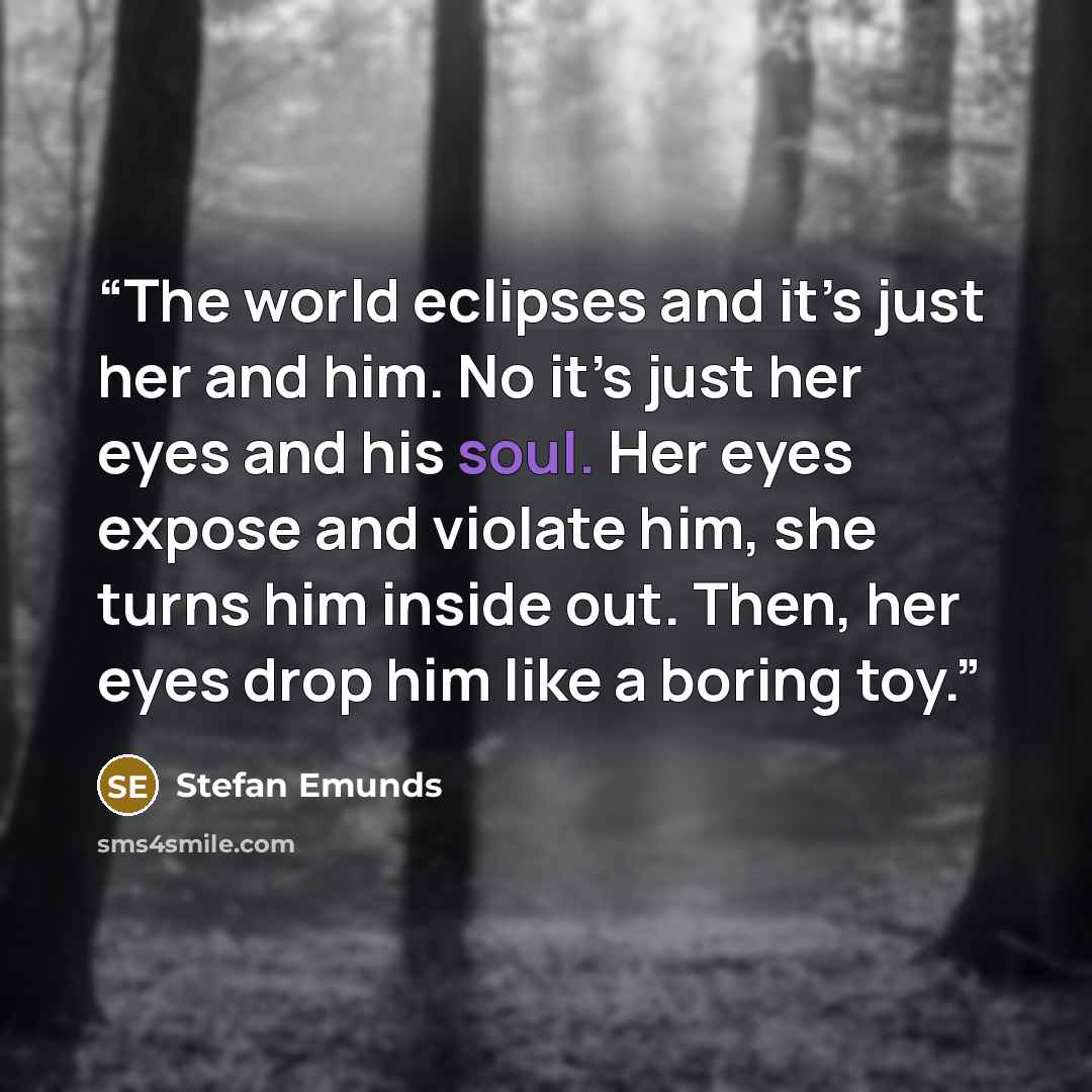 “The world eclipses and it’s just her and him. No it’s just her eyes and his soul. Her eyes expose and violate him, she turns him inside out. Then, her eyes drop him like a boring toy.” quote by Stefan Emunds