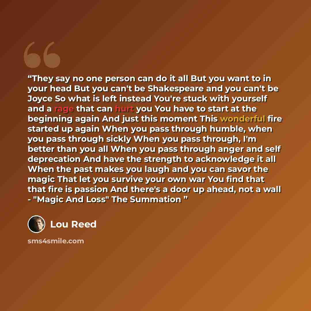 “They say no one person can do it all But you want to in your head But you can't be Shakespeare and you can't be Joyce So what is left instead You're stuck with yourself and a rage that can hurt you You have to start at the beginning again And just this moment This wonderful fire started up again…” quote by Lou Reed