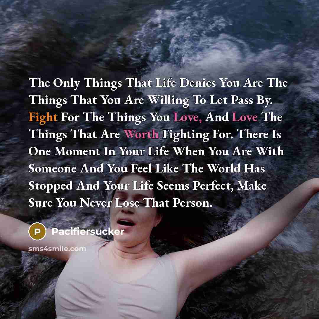 “The Only Things That Life Denies You Are The Things That You Are Willing To Let Pass By. Fight For The Things You Love, And Love The Things That Are Worth Fighting For. There Is One Moment In Your Life When You Are With Someone And You Feel Like The World Has Stopped And Your Life Seems Perfect…” quote by Pacifiersucker