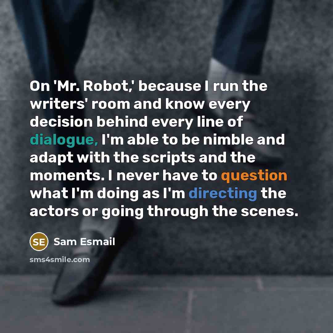 “On 'Mr. Robot,' because I run the writers' room and know every decision behind every line of dialogue, I'm able to be nimble and adapt with the scripts and the moments. I never have to question what I'm doing as I'm directing the actors or going through the scenes.” quote by Sam Esmail
