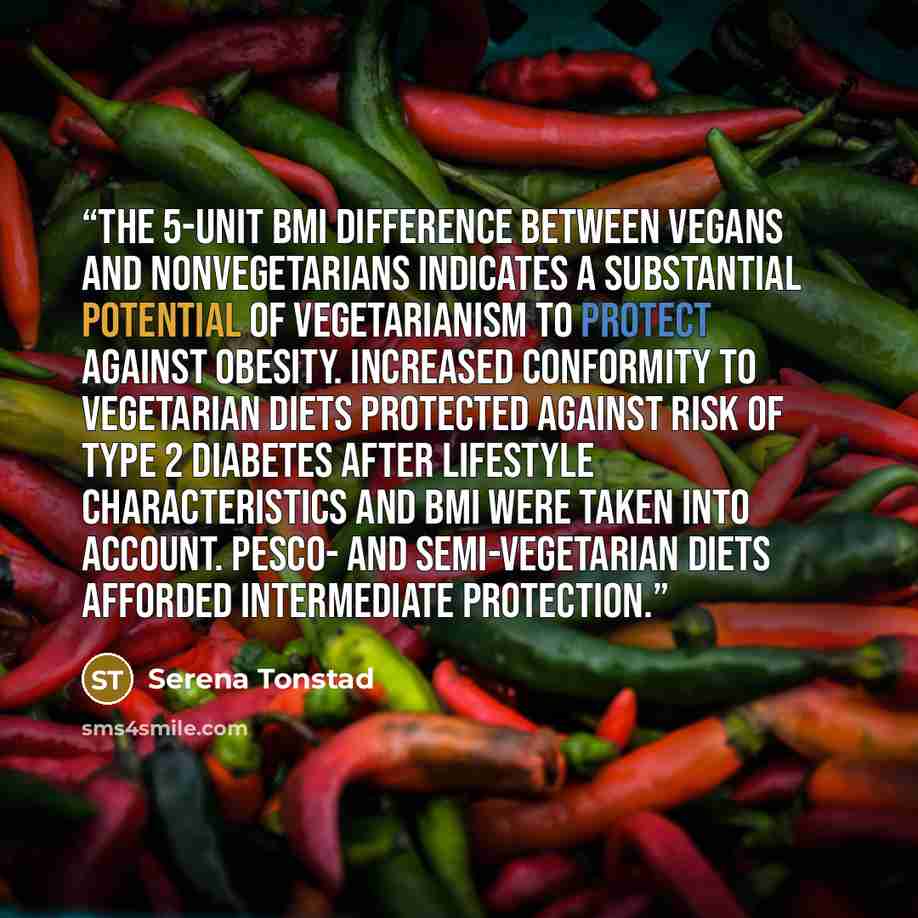 “The 5-unit BMI difference between vegans and nonvegetarians indicates a substantial potential of vegetarianism to protect against obesity. Increased conformity to vegetarian diets protected against risk of type 2 diabetes after lifestyle characteristics and BMI were taken into account. Pesco- and…” quote by Serena Tonstad