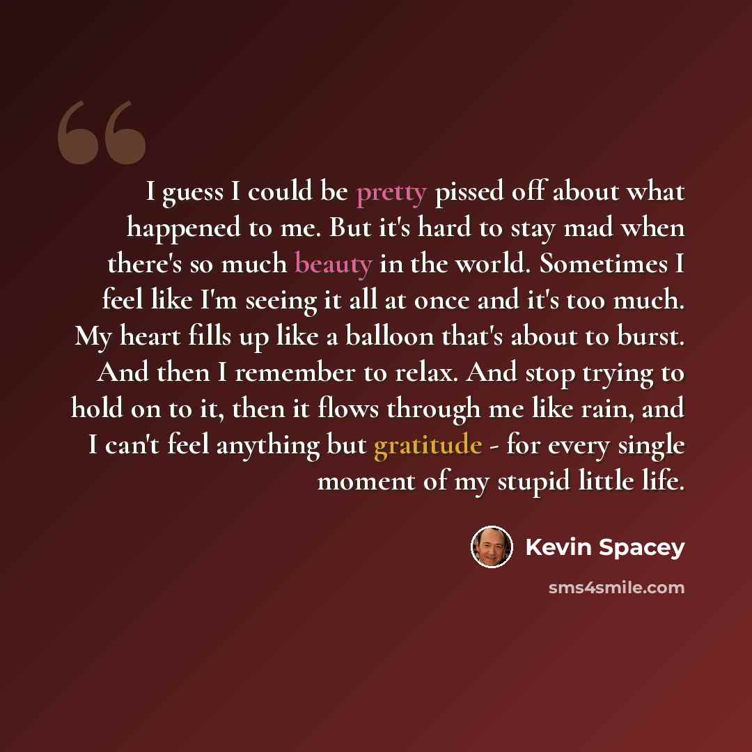 “I guess I could be pretty pissed off about what happened to me. But it's hard to stay mad when there's so much beauty in the world. Sometimes I feel like I'm seeing it all at once and it's too much. My heart fills up like a balloon that's about to burst. And then I remember to relax. And stop…” quote by Kevin Spacey